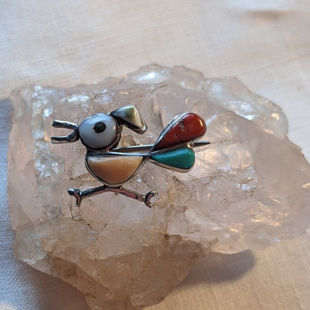 Vintage Navajo Multi Stone Inlay Sterling Silver Roadrunner Pin Pendant Brooch